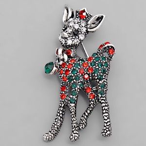 Christmas Rhinestones Deer Pin Brooch Silver Metal